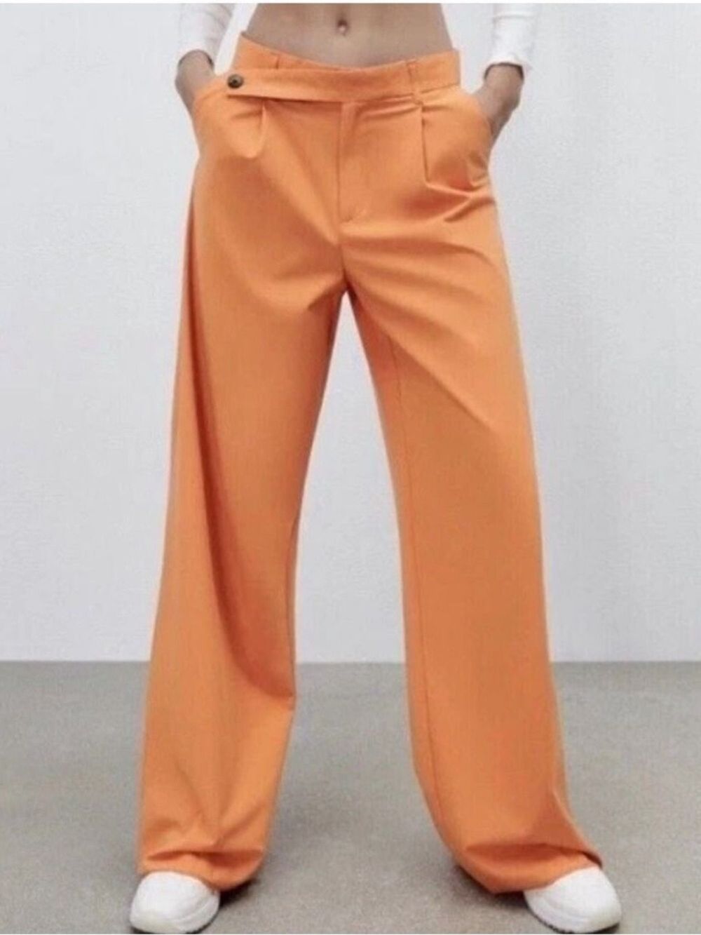 Zara Vibrant Orange Pumpkin Asymmetrical Waist Wide -Leg Pants SZ Medium